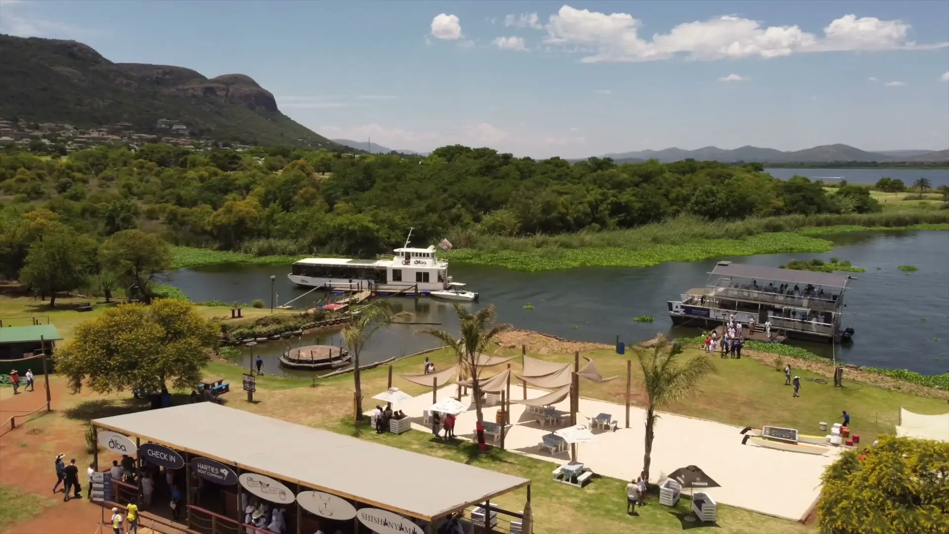 Harties Harbour from the air, the boats moored below the Magaliesberg