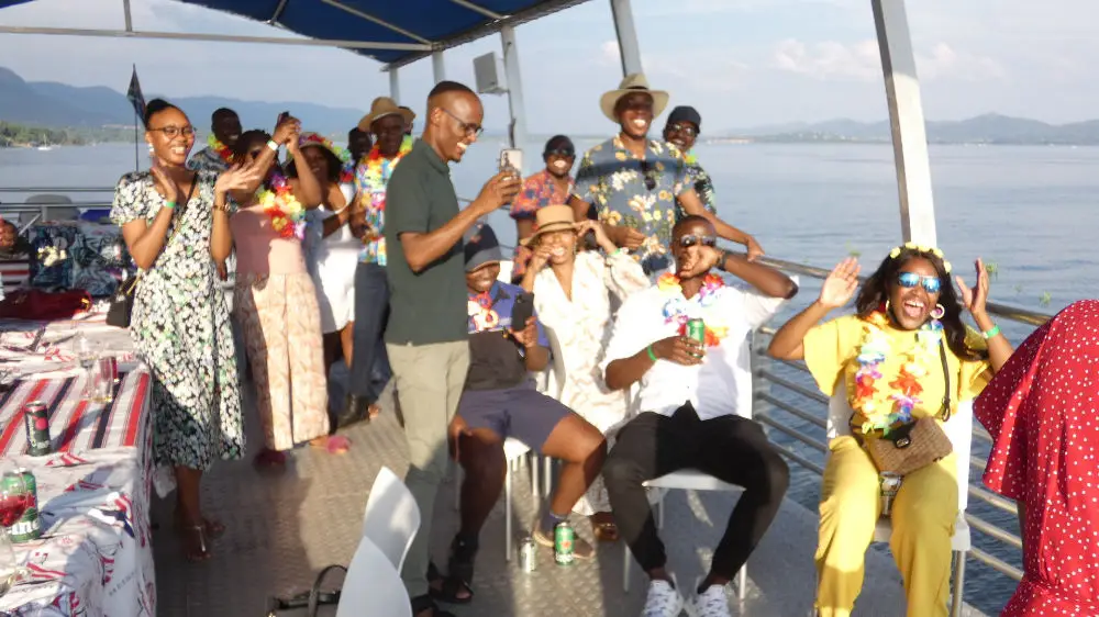 Guests celebrating an engagement on deck
